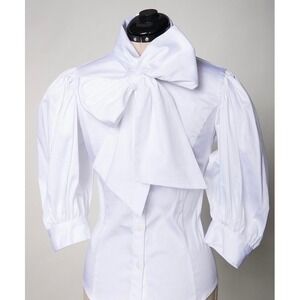 (S2) Tawni Haynes White Bow Neck Blouse Puff Sleeve Button Up Plus 2X 22-24 NWT